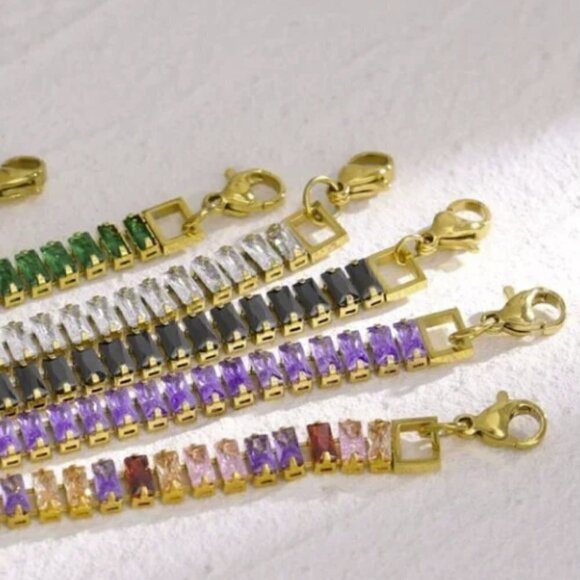 Gold Plated Stainless Steel with Emerald Baguette Cubic Zirconia - Picture 3 of 7